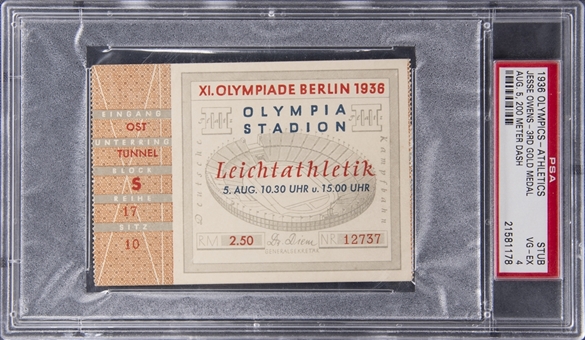 1936 Berlin Olympics Ticket Stub From August 5th Jesse Owens 200 Meter Dash Gold Medal - PSA VG-EX 4